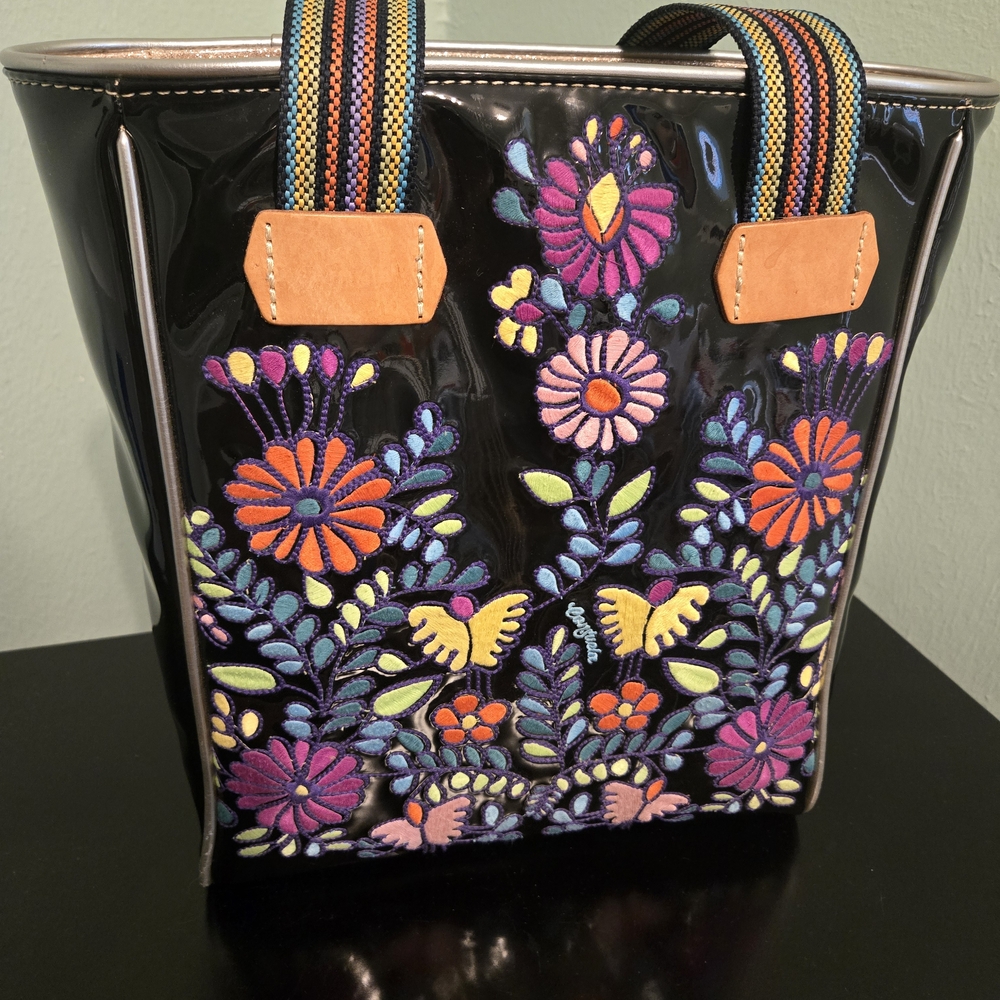 Consuela Black Tote with Multicolored Floral Embroidery